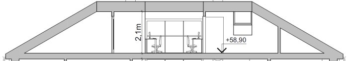 Ritning av en byggnadssektion med märkta mått och fönster, visande 2,1m höjd och en höjdpunkt på +58,90.