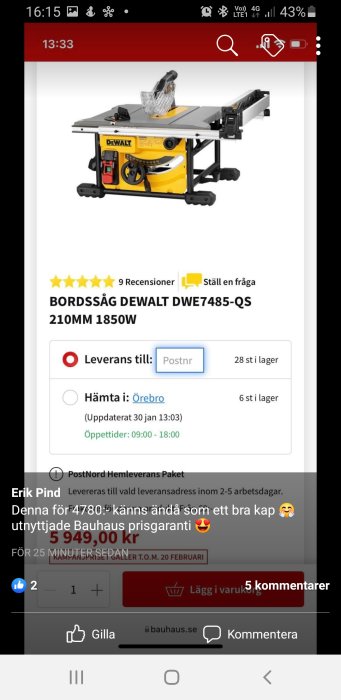 Bordsåg DeWALT DWET7485-QS på en onlinehandelsplats med pris och leveransinfo.