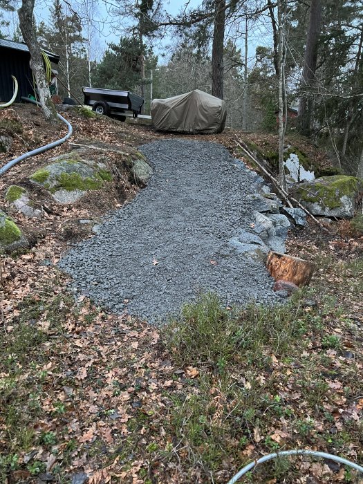 Nybyggd grusväg på kuperad tomt med stenkant och täckt presenning i bakgrunden.