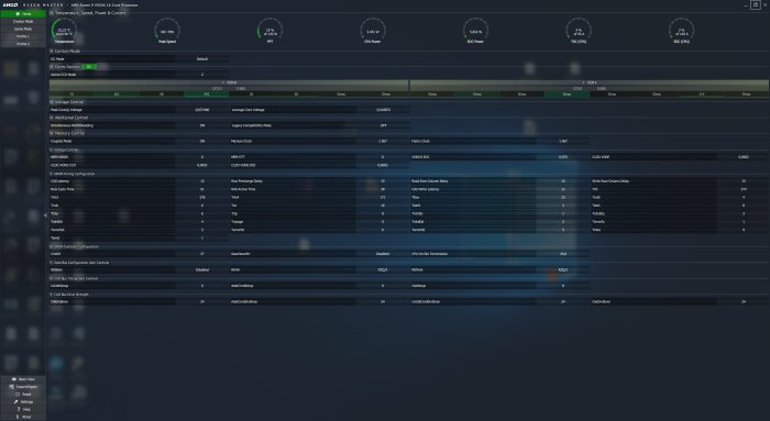 Skärmdump av AMD Ryzen Master överklockningsmjukvara med inställningar och temperaturdata för en CPU.