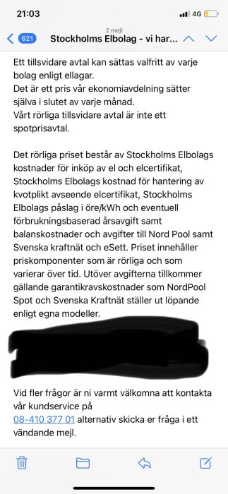 Skärmdump av e-post från Stockholms Elbolag med text om avtal och prissättning, personlig information suddad.