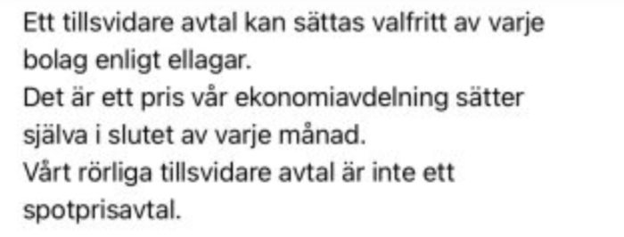 Textdokument som beskriver tillsvidareavtal och prissättning av elbolagets ekonomiavdelning.