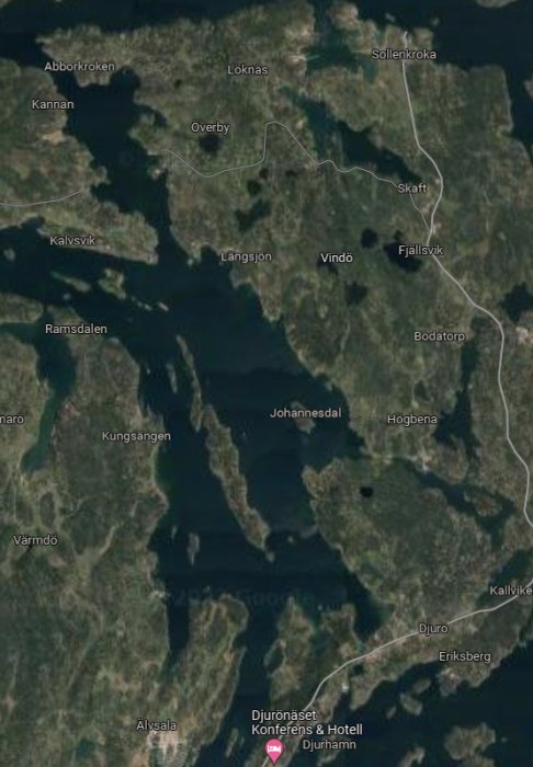 Satellitbild över Vindö och angränsande områden med markering på Abborkroken.