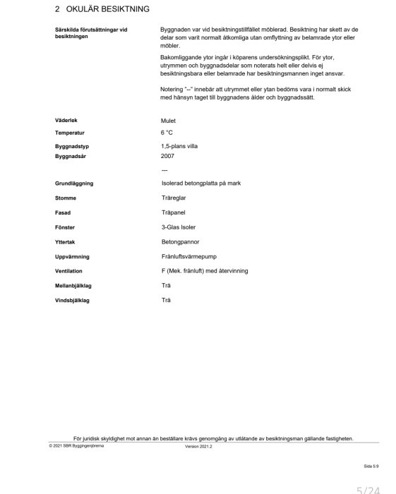 Sida från rapport om okulär besiktning visar information om ett hus, inklusive temperatur och byggnadsmaterial.