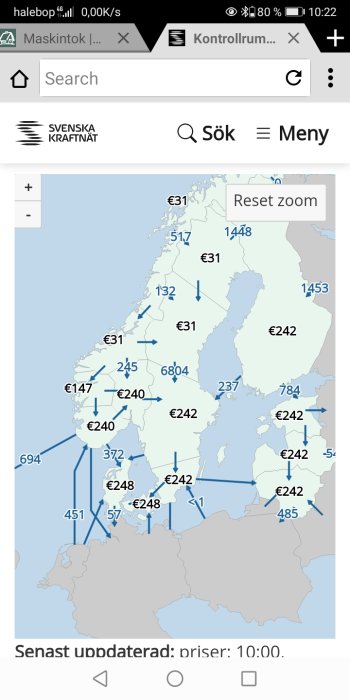 Karta över Sverige med elpriser per område, ingen vind och kallt väder angivet.