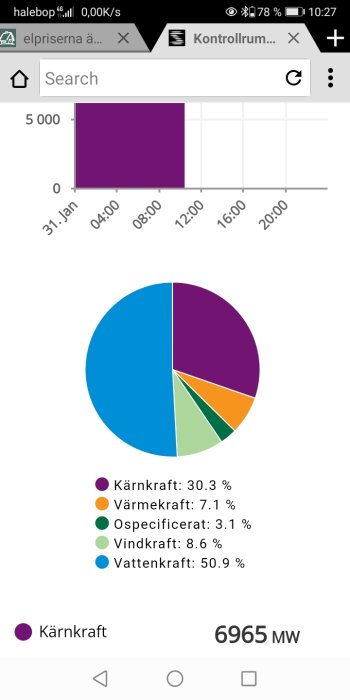 Cirkeldiagram som visar energifördelning med störst del vattenkraft, följt av kärnkraft.