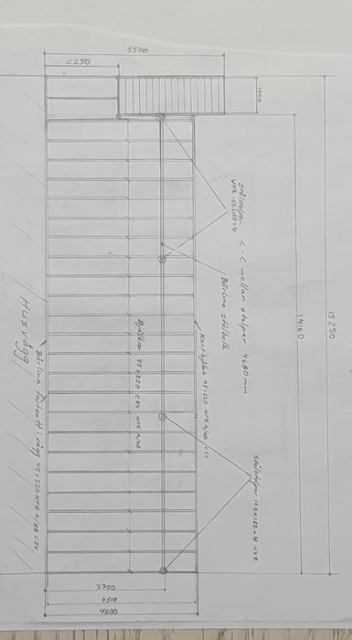 Skiss av planerat balkongbygge och inglasat uterum med måttangivelser och fyra utplacerade stolpar.
