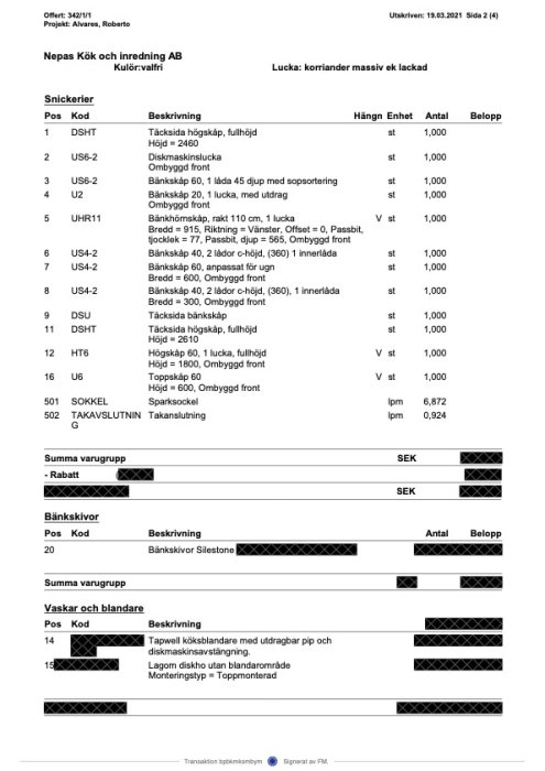Försäljningsdokument från Nepas Kök och Inredning AB som visar detaljerande beskrivning och priser för köksinredning.