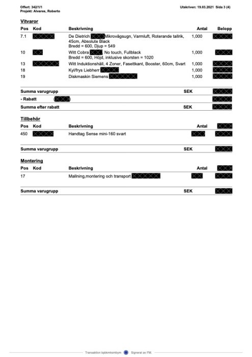 Köpeavtal för köksprodukter med postbeskrivningar och belopp, vissa textdelar överstrukna.