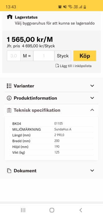 Skärmdump av produktspecifikation för lecabalk med mått och vikt uppgifter, prisinformation och användargränssnitt.