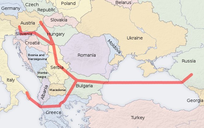 Karta över Europa med den planerade gasledningen South Stream markerad i rött.