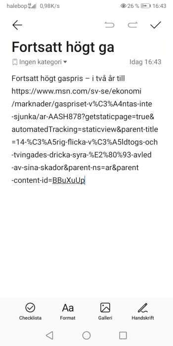 Skärmdump av en mobiltelefon visar en öppen webbläsare med en förvrängd länk till en artikel om gaspriser.