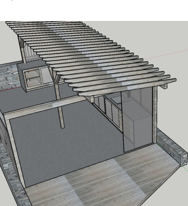 3D-skiss av en pergola med parallella takåsar utan tvärgående läkt.