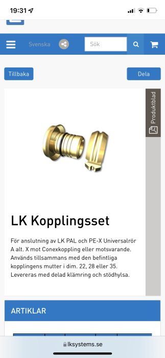 LK Kopplingsset för rörinstallationer i mässing inklusive klämring och stödhylsa.