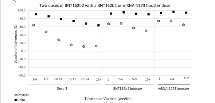 Graf som visar vaccinets effektivitet över tid för delta- och omikronvarianten efter två och tre doser.