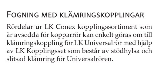 En textutdrag som beskriver montering av klämringar för LK Universalrör från LK Conex kopplingssortiment.