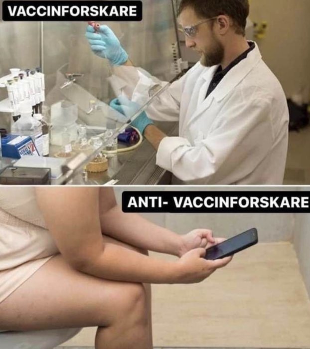 Övre delen visar forskare i labb, nedre delen person som tittar på mobiltelefon, text "VACCINFORSKARE" och "ANTI-VACCINFORSKARE