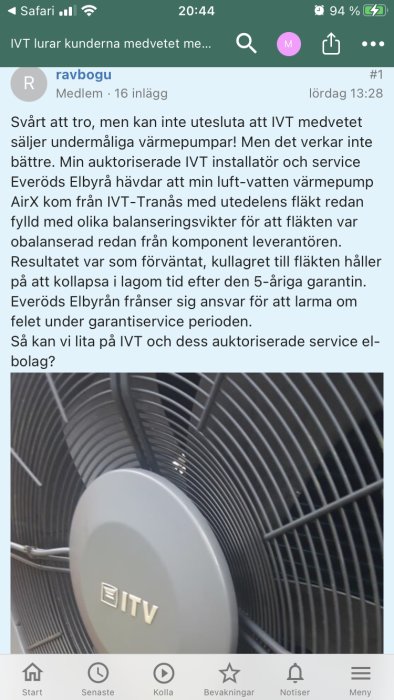 Skärmdump från forum med inlägg om problem med IVT luft-vatten värmepump och bild på värmepumpens fläkt.