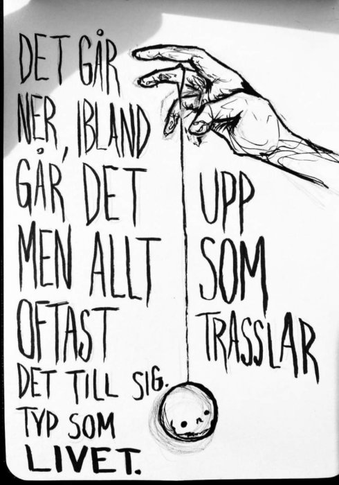 Illustration av en hand som håller i ett snöre med en yo-yo, där texten beskriver livets upp- och nedgångar.