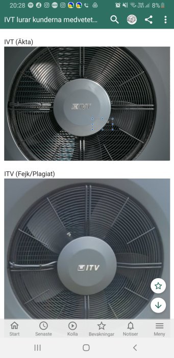 Jämförelse mellan två bilder av fläktar, övre med logotypen IVT, undre med ITV, diskuterar äkthet.