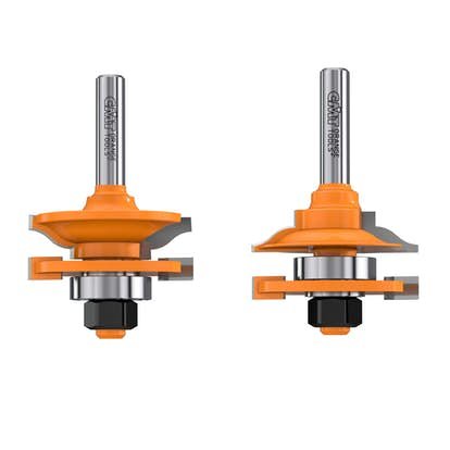 Två CMT-fräsar för profil och kontraprofilarbete, ovanifrån bildade, i orange och silverfärg.