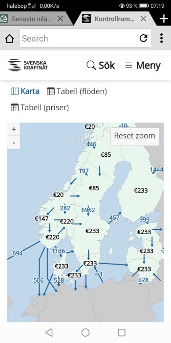 Skärmdump av en kraftnät karta över Sverige med elpriser och flöden.