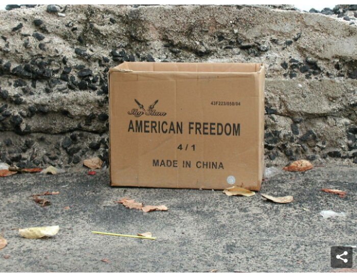 Kartong med texten "AMERICAN FREEDOM" och "MADE IN CHINA" på en trottoar med löv och asfalt.