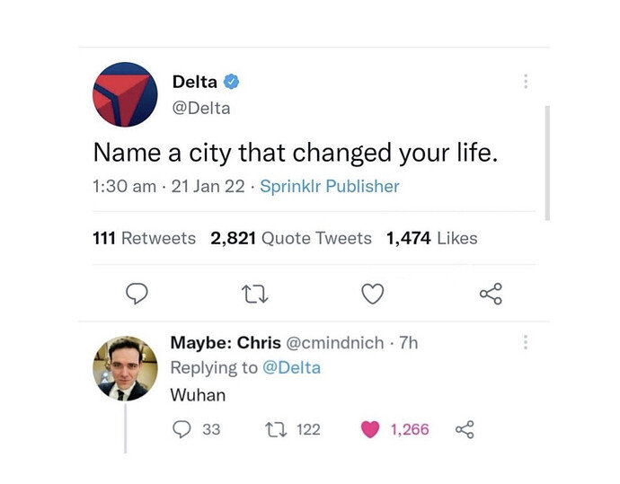 Skärmdump av en tweet från Delta som ber användare att namnge en stad som förändrade deras liv och ett svar som säger "Wuhan".