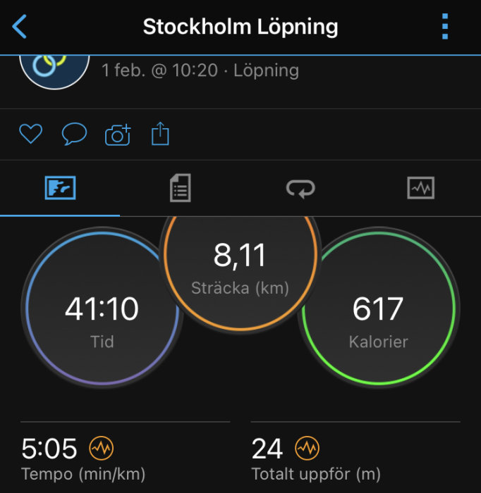 Skärmbild av löpaktivitet med distance 8,11 km, tid 41:10, förbrända kalorier 617, tempo 5:05 min/km, höjdmeter 24.