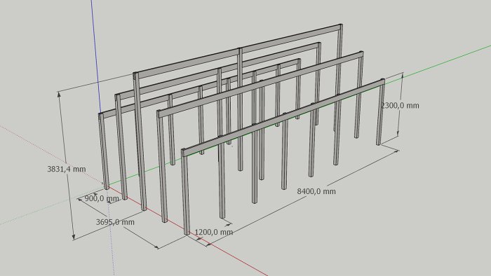 3D-modell av en stomme för byggprojekt med utmätta dimensioner på plintar och takåsar.