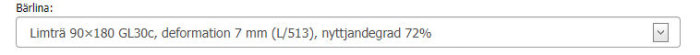 Limträbjælkeberegning: 90x180 GL30c, deformation 7 mm (L/513), udnyttelsesgrad 72%.