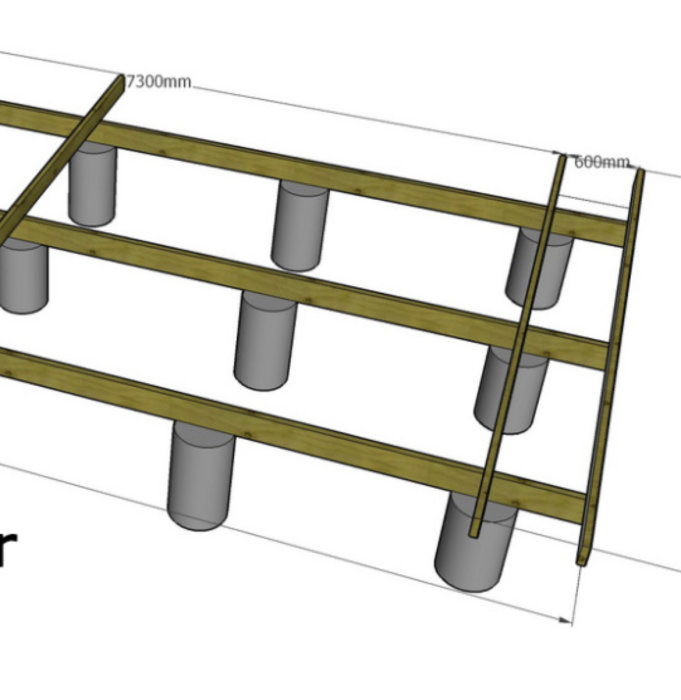 3D-modell av husgrund med måttangivelser, visande plintar och bjälklag.