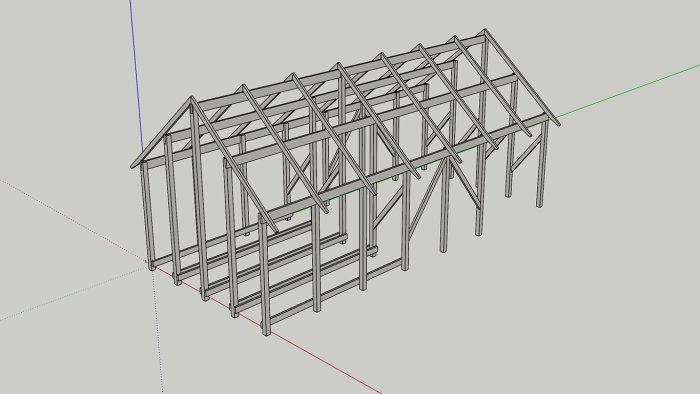 3D-ritning av stommen till en byggnad med snedsträvor, golvbjälkar och tväråsar.