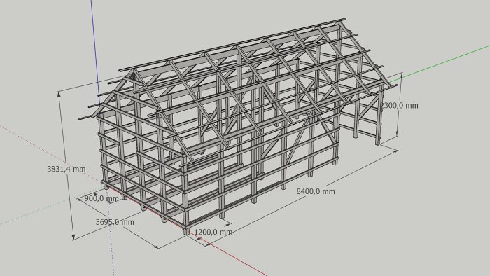 3D-modell av verkstadsbyggnadens stomme med golvbjälkar, snedsträvor och måttangivelser.