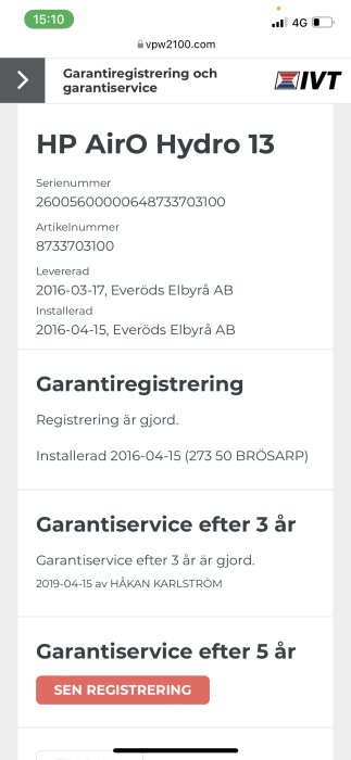 Skärmavbild av en webbsida för garantiregistrering och service av en HP AirO Hydro 13 med registrerings- och installationsdatum.