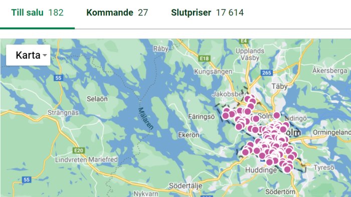 Karta över Stockholm med markeringar för bostadsobjekt till salu inom olika områden.