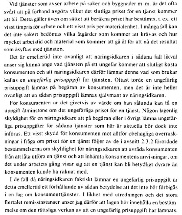 En skärmdump av en text som diskuterar lagstiftning kring ungefärlig prisuppgift vid konsumenttjänster.