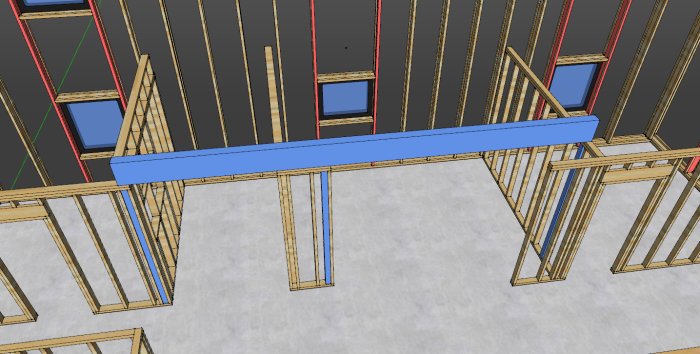 3D-modell av konstruktionsritning med blå limträbalk som sträcker sig över bärande väggar.