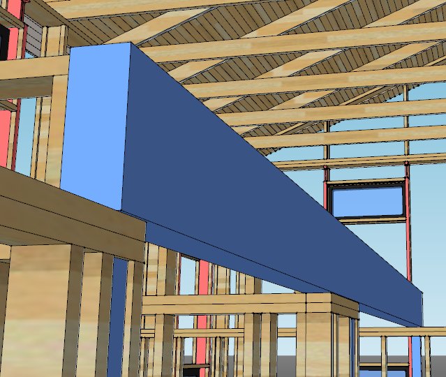 3D-modell av ett hus under konstruktion med blå limträbalk, golvbjälkar och stomme.