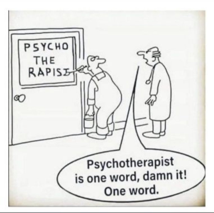 Seriebild med två personer, en skriver felaktigt "PSYCHO THE RAPIST" på en dörr, den andra rättar till "psychotherapist".