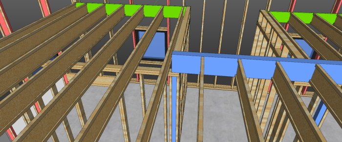 3D-modell som visar limträbalkar i blått som löper över träreglar i ett husstommeskelett.