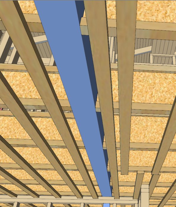 3D-modell av byggkonstruktion med blå limträbalk ovanför golvbjälkar och golvspånskivor.