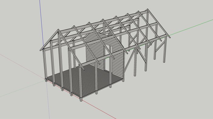 3D-modell av en verkstadsstomme med plankgolv och råspont på innerväggen.