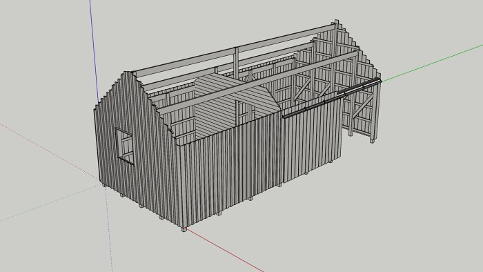 3D-ritning av en verkstad med plankgolv och råspontklädda väggar, utan färgbehandling.