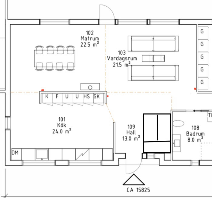 Ritning av bostadens planlösning med markerade positioner för ljusbrytare i kök, matrum och vardagsrum.