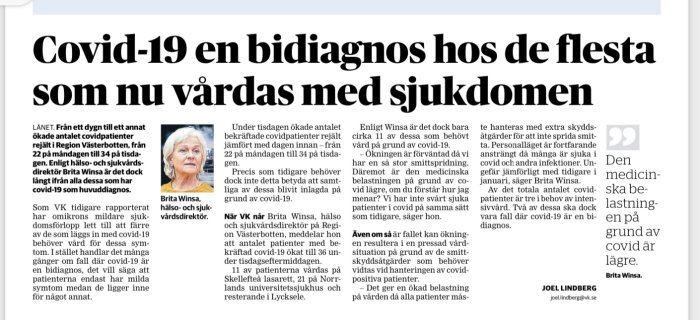 Skärmdump av en tidningsartikel om ökade Covid-19 fall i Västerbotten med rubriken "Covid-19 en diagnos de flesta som nu vårdas med sjukdomen".