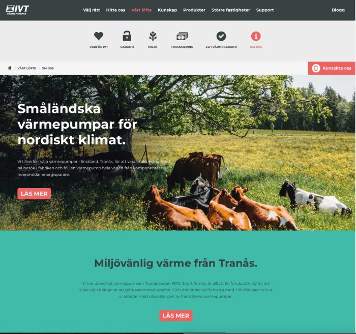 Skärmklipp av IVT:s hemsida med text om småländska värmepumpar och en bild på kor som betar på en äng.