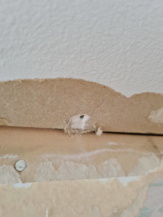 Gammal pappremsa i takvinkel som börjat korva och lossna vid anslutning mot vitmålat tak, med synlig gipsskruv.