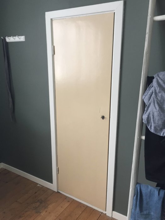 En stängd dörr till en kattvind i ett sovrum med en vägg i mörkgrönt och synligt trägolv.