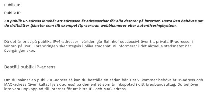 Skärmdump av Bahnhof supportsida om publika IP-adresser, information om IPv4-brist och beställning av publik IP.